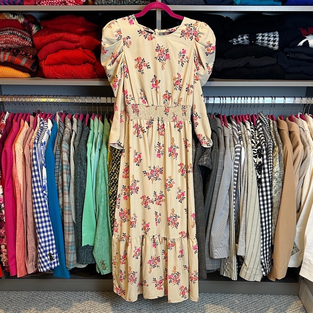 Unbranded tan/pink floral 3/4 puff sleeve tie back elastic waist midi dress S
